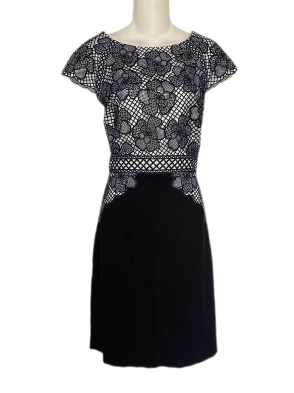 Antonio Melani Black White Lace-Accent Floral Embroidered Cap Sleeve Dress 14